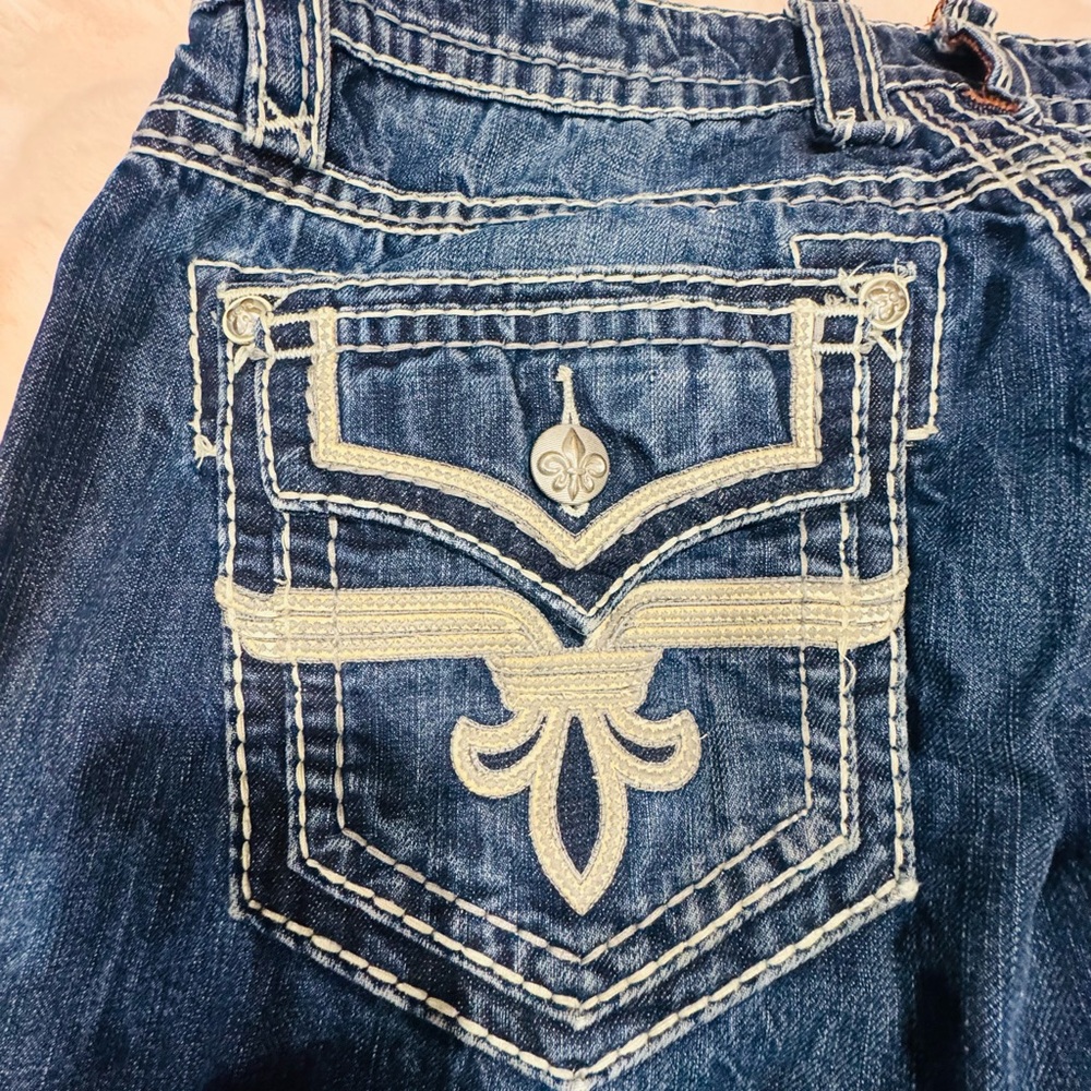 Rock Revival Men's Bootcut Jeans - Dark Blue Denim with Orange Logo - Picture 5 of 8